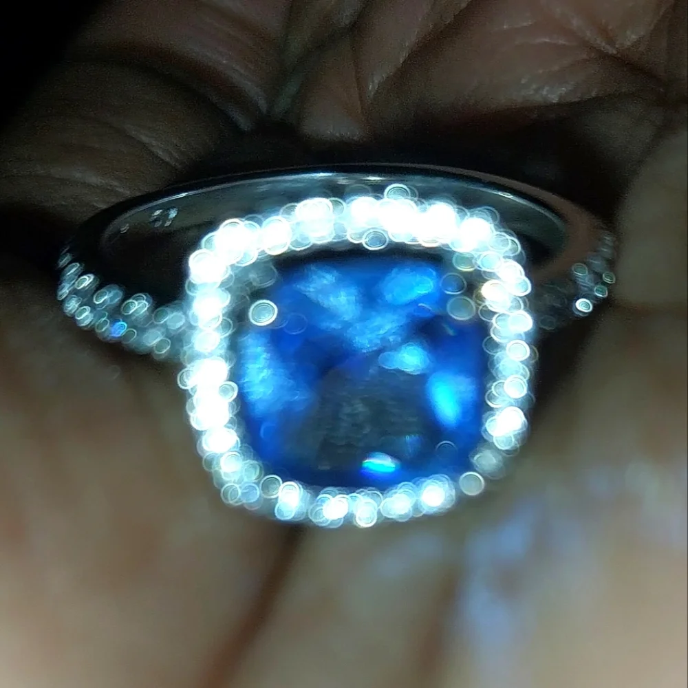 Blue Sapphire 925 Silver Halo Ring with Diamond Accents Sz 6